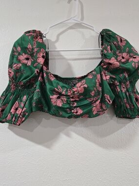 Green Floral Puff-Sleeve Crop Top - Pink Flower Print